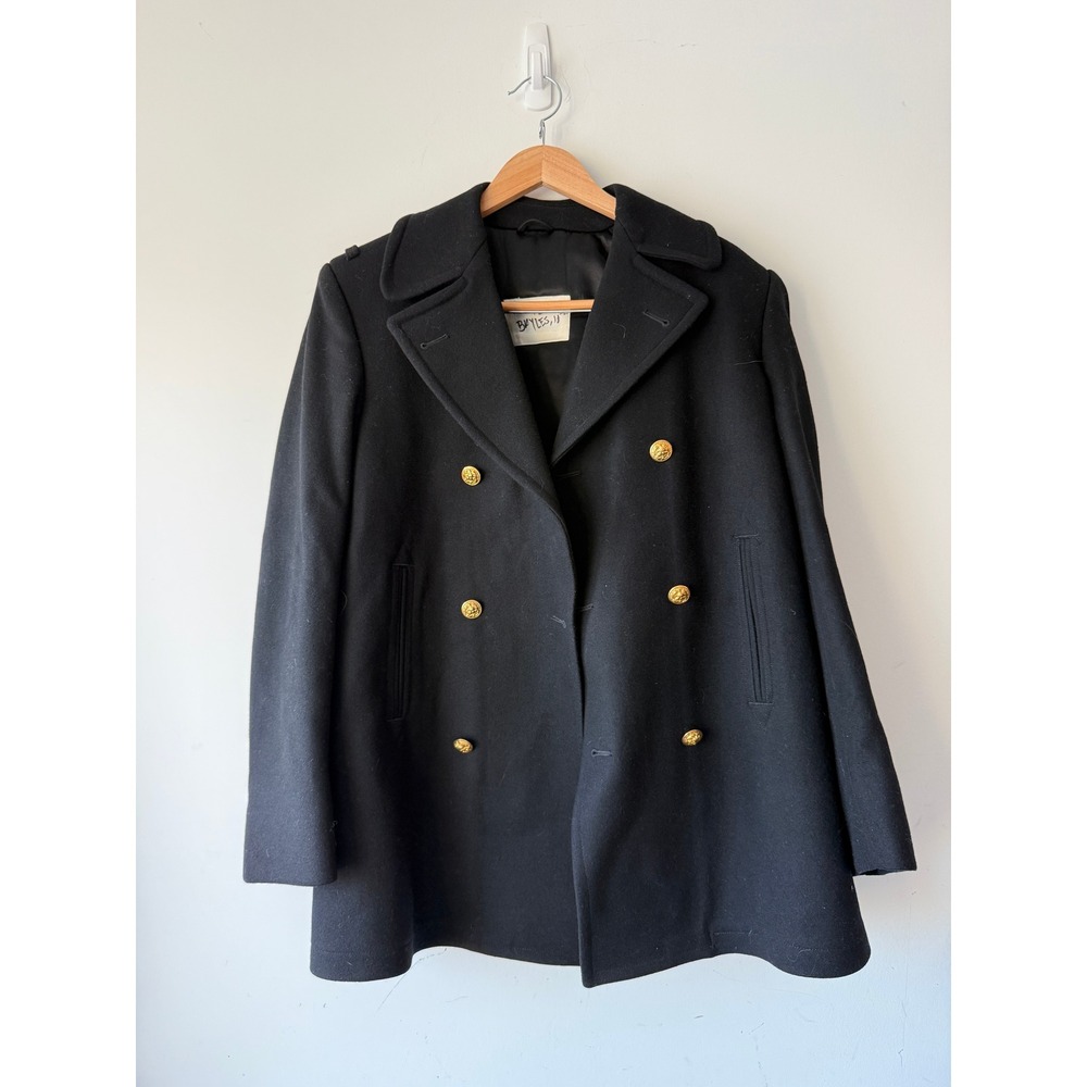 Flying Cross US Naval Academy Pea Coat Black Wool Gold Eagle Buttons 38 Long USA